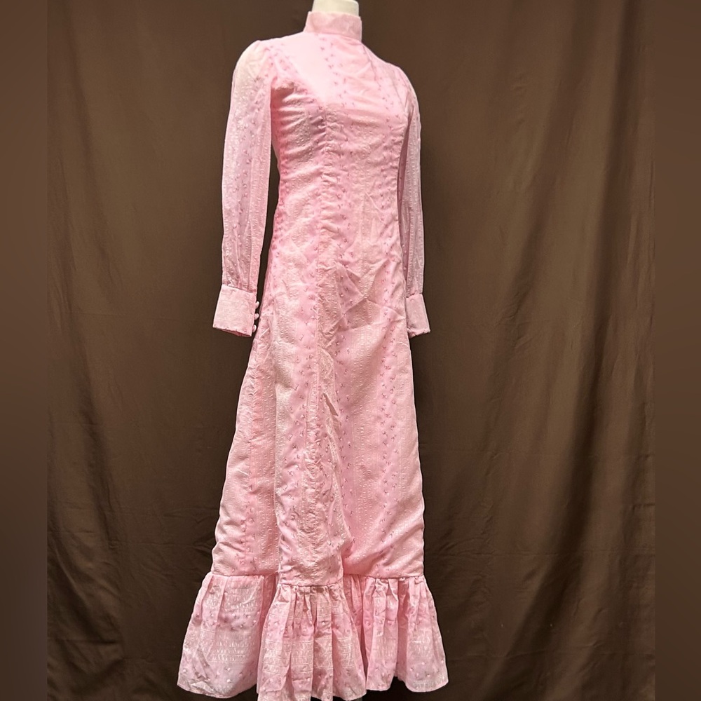 Prairie maxi dress, pink gothic Victorian style dress with embroidered florets